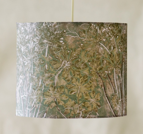 Wild Geranium (aqua olive) Belfast Bay Shade Company: Handcrafted Lampshades Botanical collagraph hand-printed on archival paper and fused to styrene on steel shade rings