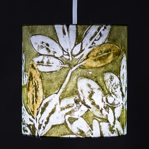 Rhododendron (avocado orange) 9" Belfast Bay Shade Company: Handcrafted Lampshades Botanical collagraph hand-printed on archival paper and fused to styrene on steel shade rings