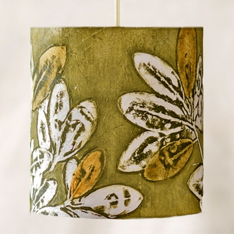 Rhododendron (avocado orange) 9" Belfast Bay Shade Company: Handcrafted Lampshades Botanical collagraph hand-printed on archival paper and fused to styrene on steel shade rings