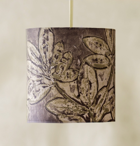 Rhododendron (earth tones) 9" Belfast Bay Shade Company: Handcrafted Lampshades Botanical collagraph hand-printed on archival paper and fused to styrene on steel shade rings
