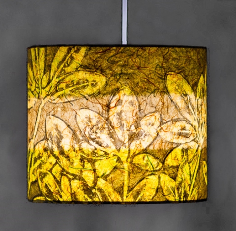 Rhododendron (casaba lime) Belfast Bay Shade Company: Handcrafted Lampshades Botanical collagraph hand-printed on archival paper and fused to styrene on steel shade rings