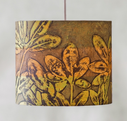 Rhododendron (casaba & lime) Belfast Bay Shade Company: Handcrafted Lampshades Botanical collagraph hand-printed on archival paper and fused to styrene on steel shade rings