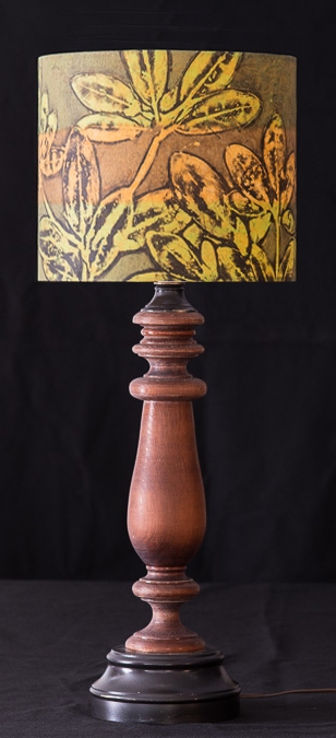 Rhododendron (casaba & lime) Table & Floor Lamps Botanical collagraph hand-printed on archival paper and fused to styrene on steel shade rings