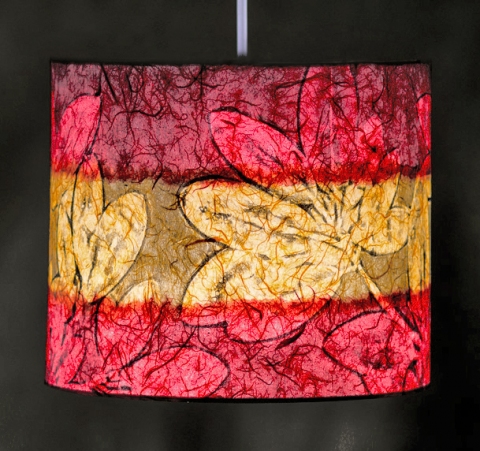 Rhododendron (cherry & casaba) Belfast Bay Shade Company: Handcrafted Lampshades Botanical collagraph hand-printed on archival paper and fused to styrene on steel shade rings