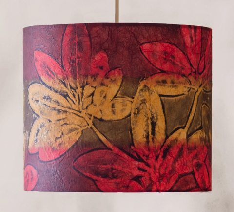 Rhododendron (cherry & casaba) Belfast Bay Shade Company: Handcrafted Lampshades Botanical collagraph hand-printed on archival paper and fused to styrene on steel shade rings