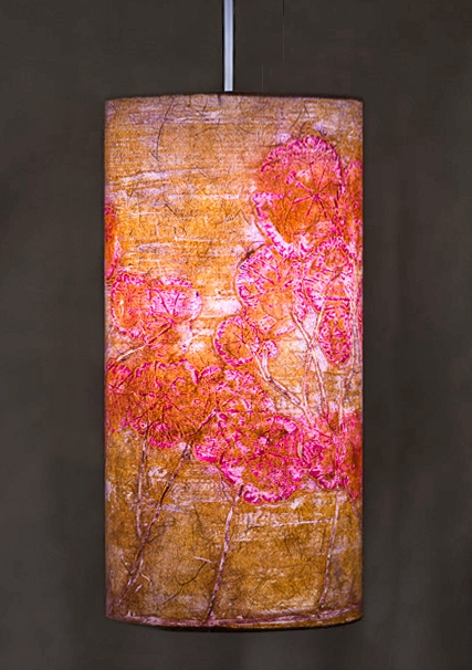 Nasturtium (ruby) Belfast Bay Shade Company: Handcrafted Lampshades Botanical collagraph hand-printed on archival paper and fused to styrene on steel shade rings