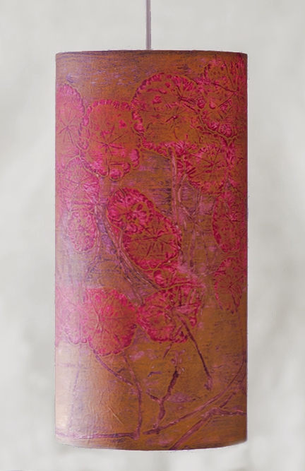 Nasturtium (ruby) Belfast Bay Shade Company: Handcrafted Lampshades Botanical collagraph hand-printed on archival paper and fused to styrene on steel shade rings
