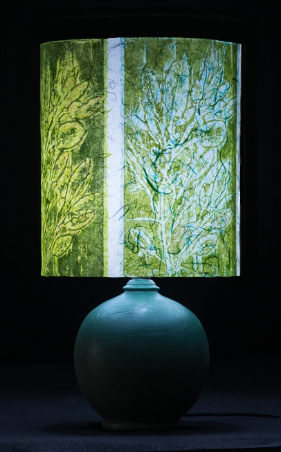 Sage (carnival) Table & Floor Lamps Botanical collagraph hand-printed on archival paper and fused to styrene on steel shade rings