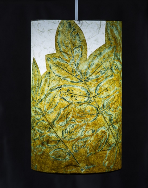 Wisteria (olive teal) Belfast Bay Shade Company: Handcrafted Lampshades Botanical collagraph hand-printed on archival paper and fused to styrene on steel shade rings