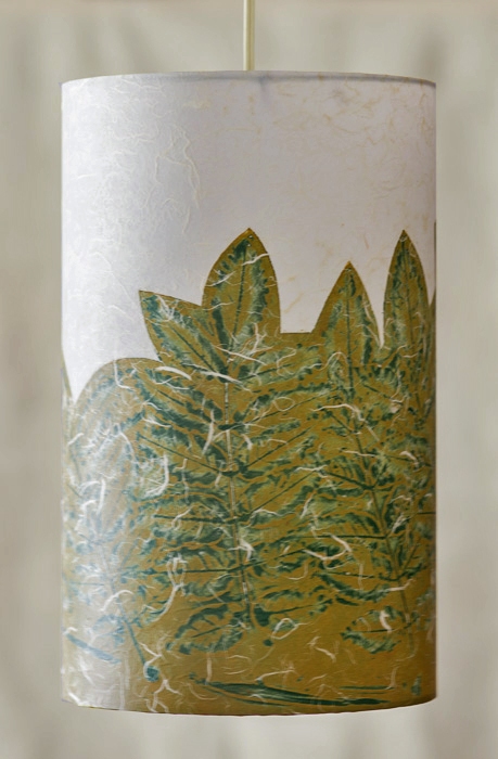 Wisteria (olive teal) Belfast Bay Shade Company: Handcrafted Lampshades Botanical collagraph hand-printed on archival paper and fused to styrene on steel shade rings