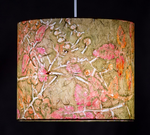 Cherry Tomato (hot pink mustard) Belfast Bay Shade Company: Handcrafted Lampshades Botanical collagraph hand-printed on archival paper and fused to styrene on steel shade rings