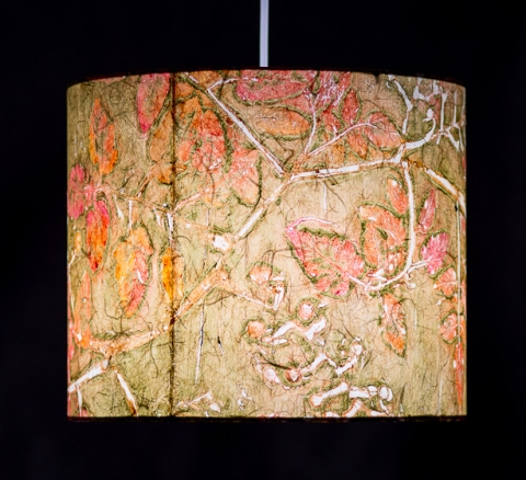 Cherry Tomato (hot pink mustard) Belfast Bay Shade Company: Handcrafted Lampshades Botanical collagraph hand-printed on archival paper and fused to styrene on steel shade rings