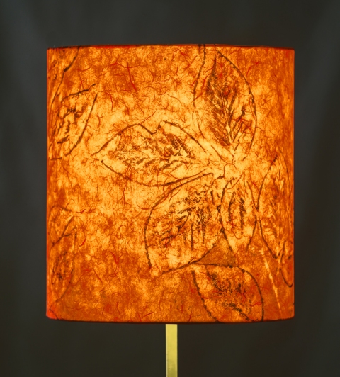 Beech pine on pumpkin (graphic relief) Belfast Bay Shade Company: Handcrafted Lampshades Botanical Collagraph hand-printed on archival paper and fused to styrene on steel shade rings