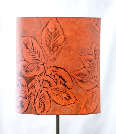 Beech pine on pumpkin (graphic relief) Belfast Bay Shade Company: Handcrafted Lampshades Botanical Collagraph hand-printed on archival paper and fused to styrene on steel shade rings