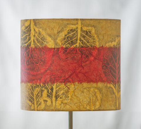 Brussels Sprout red on casaba (chine colle) Belfast Bay Shade Company: Handcrafted Lampshades Botanical Collagraph hand-printed on archival paper and fused to styrene on steel shade rings