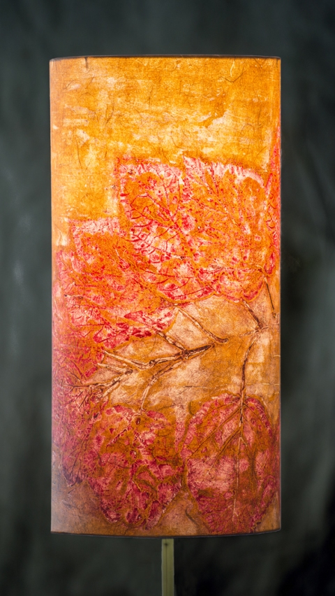 Hydrangea fuchsia on gold (a la poupee) Belfast Bay Shade Company: Handcrafted Lampshades Botanical Collagraph hand-printed on archival paper and fused to styrene on steel shade rings