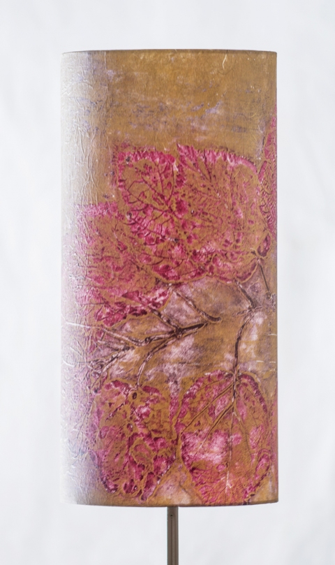 Hydrangea fuchsia on gold (a la poupee) Belfast Bay Shade Company: Handcrafted Lampshades Botanical Collagraph hand-printed on archival paper and fused to styrene on steel shade rings