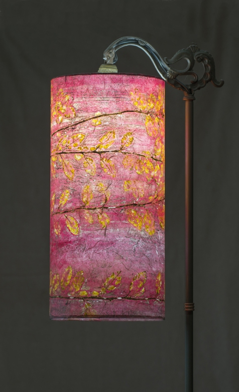 Quince rose madder on gold (a la poupee) Belfast Bay Shade Company: Handcrafted Lampshades Botanical Collagraph hand-printed on archival paper and fused to styrene on steel shade rings