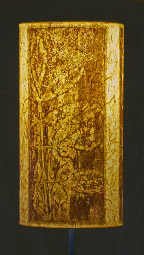 Sunflower, Elderberry, Hydrangea mauve on casaba (custom) Belfast Bay Shade Company: Handcrafted Lampshades Botanical Collagraph hand-printed on archival paper and fused to styrene on steel shade rings