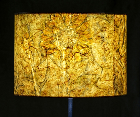 Sunflower natural on casaba (a la poupee) Belfast Bay Shade Company: Handcrafted Lampshades Botanical Collagraph hand-printed on archival paper and fused to styrene on steel shade rings