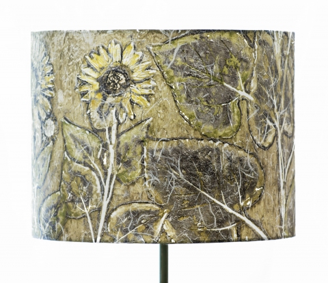 Sunflower earth tones (a la poupee) Belfast Bay Shade Company: Handcrafted Lampshades Botanical Collagraph hand-printed on archival paper and fused to styrene on steel shade rings