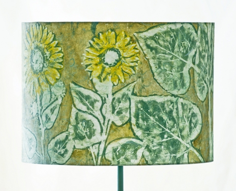 Sunflower emerald on cool green (graphic relief) Belfast Bay Shade Company: Handcrafted Lampshades Botanical Collagraph hand-printed on archival paper and fused to styrene on steel shade rings