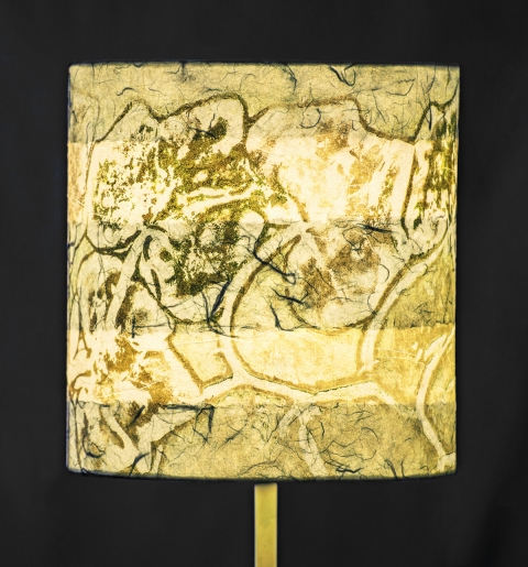 Squash pool blu on white (graphic relief) Belfast Bay Shade Company: Handcrafted Lampshades Botanical Collagraph hand-printed on archival paper and fused to styrene on steel shade rings