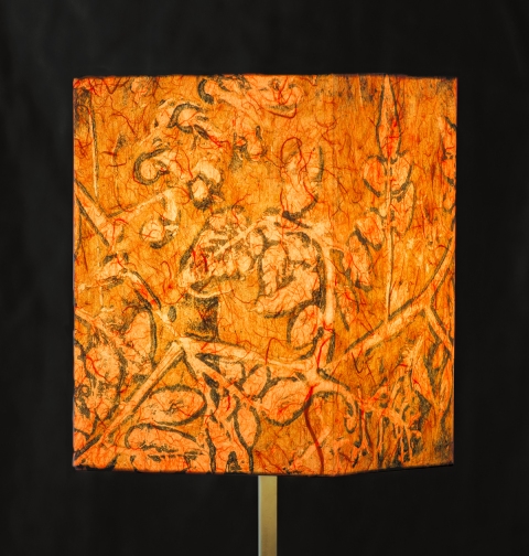 Tomato pine on pumpkin (graphic relief) Belfast Bay Shade Company: Handcrafted Lampshades Botanical Collagraph hand-printed on archival paper and fused to styrene on steel shade rings