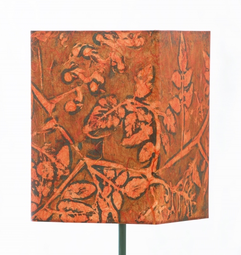 Tomato pine on pumpkin (graphic relief) Belfast Bay Shade Company: Handcrafted Lampshades Botanical Collagraph hand-printed on archival paper and fused to styrene on steel shade rings