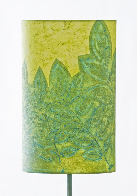 Wisteria avocado on lime (a la poupee) Belfast Bay Shade Company: Handcrafted Lampshades Botanical Collagraph hand-printed on archival paper and fused to styrene on steel shade rings