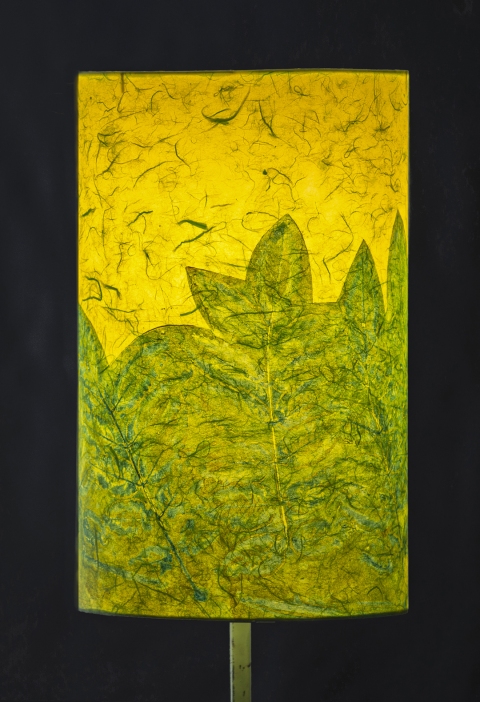 Wisteria avocado on lime (a la poupee) Belfast Bay Shade Company: Handcrafted Lampshades Botanical Collagraph hand-printed on archival paper and fused to styrene on steel shade rings