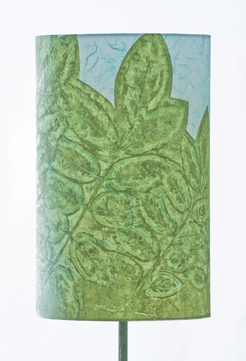 Wisteria olive teal on ivory (a la poupee) Belfast Bay Shade Company: Handcrafted Lampshades Botanical Collagraph hand-printed on archival paper and fused to styrene on steel shade rings
