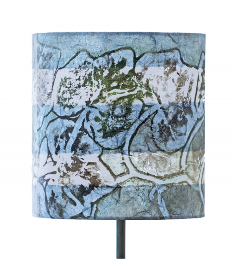 Squash pool blu on white (graphic relief) Belfast Bay Shade Company: Handcrafted Lampshades Botanical Collagraph hand-printed on archival paper and fused to styrene on steel shade rings