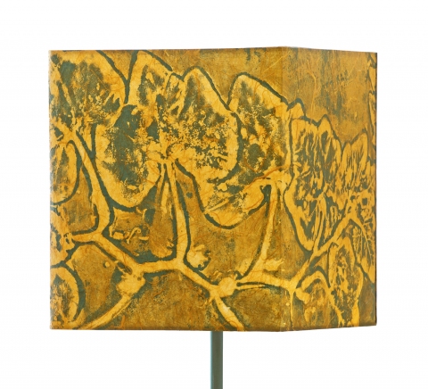 Squash emerald on casaba (graphic relief) Belfast Bay Shade Company: Handcrafted Lampshades Botanical Collagraph hand-printed on archival paper and fused to styrene on steel shade rings