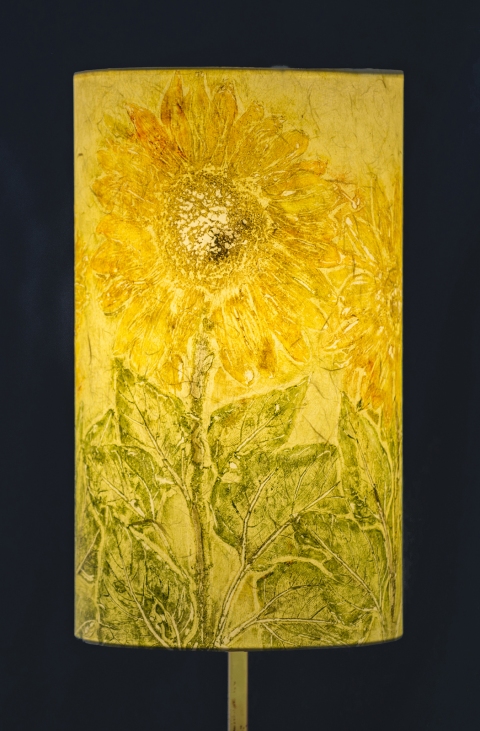 Sunflower in bright natural hues (a la poupee) Belfast Bay Shade Company: Handcrafted Lampshades Botanical Collagraph hand-printed on archival paper and fused to styrene on steel shade rings