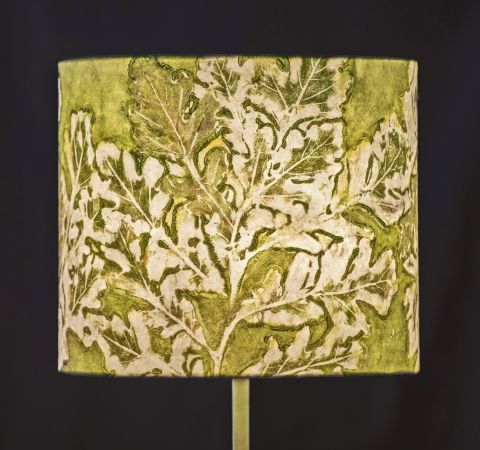 Oak emerald hues (graphic relief) Belfast Bay Shade Company: Handcrafted Lampshades Botanical Collagraph hand-printed on archival paper and fused to styrene on steel shade rings