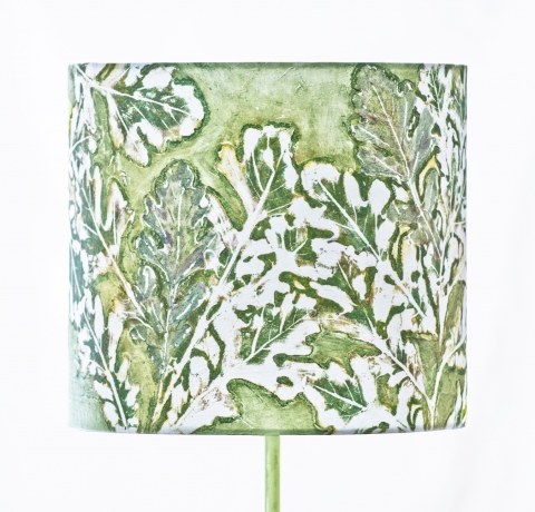 Oak emerald hues (graphic relief) Belfast Bay Shade Company: Handcrafted Lampshades Botanical Collagraph hand-printed on archival paper and fused to styrene on steel shade rings