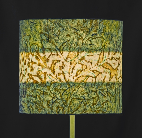 Oak teal on pool blu (chine colle) Belfast Bay Shade Company: Handcrafted Lampshades Botanical Collagraph hand-printed on archival paper and fused to styrene on steel shade rings