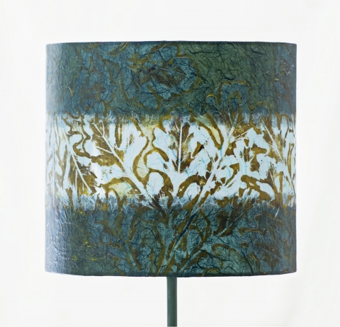 Oak teal on pool blu (chine colle) Belfast Bay Shade Company: Handcrafted Lampshades Botanical Collagraph hand-printed on archival paper and fused to styrene on steel shade rings