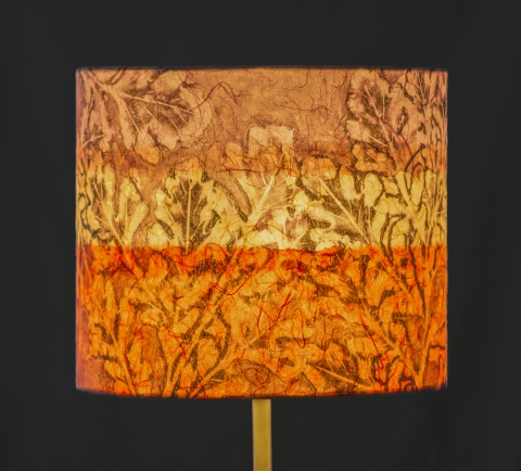 Oak sunset hues (chine colle) Belfast Bay Shade Company: Handcrafted Lampshades Botanical Collagraph hand-printed on archival paper and fused to styrene on steel shade rings