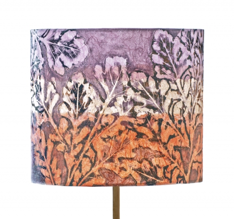 Oak sunset hues (chine colle) Belfast Bay Shade Company: Handcrafted Lampshades Botanical Collagraph hand-printed on archival paper and fused to styrene on steel shade rings