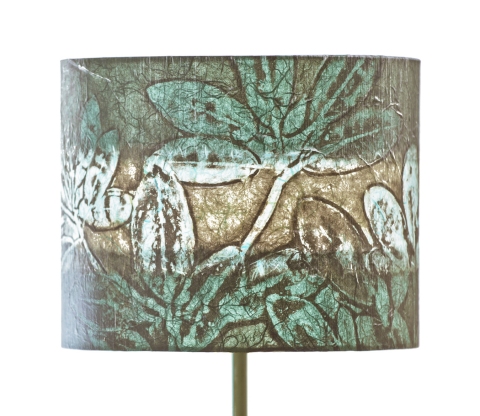 Rhododendron dark teal on cool blu (chine colle) Belfast Bay Shade Company: Handcrafted Lampshades This versatile drum shade can be used as a pendant for track lighting, swag set and hardwire ceiling canopies with single socket pendant, and with candelabra. This shade can also be used on floor and table lamps with conventional harps and adapted for washer-top shade fitters.