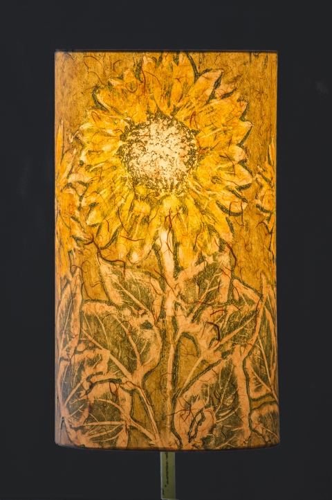Sunflower natural hues (graphic relief) Belfast Bay Shade Company: Handcrafted Lampshades Botanical Collagraph hand-printed on archival paper and fused to styrene on steel shade rings