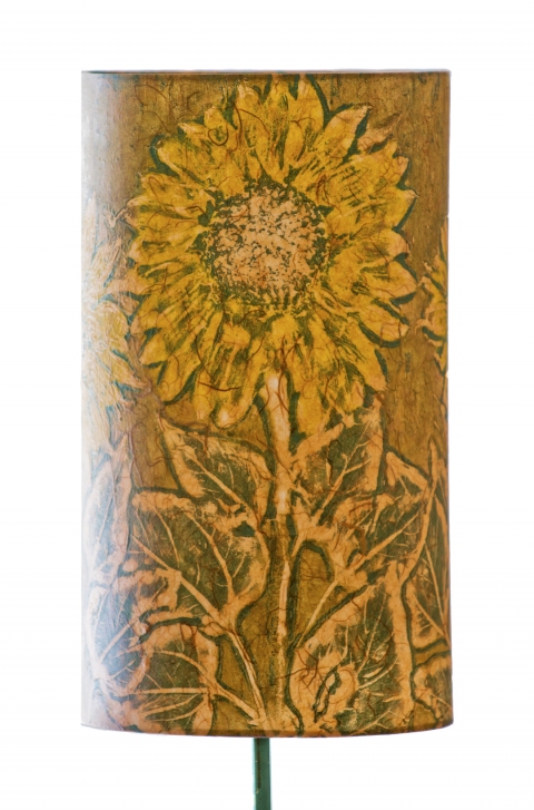 Sunflower natural hues (graphic relief) Belfast Bay Shade Company: Handcrafted Lampshades Botanical Collagraph hand-printed on archival paper and fused to styrene on steel shade rings