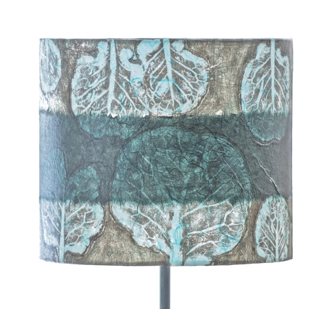 Brussels Sprout teal on pool blu (chine colle) Belfast Bay Shade Company: Handcrafted Lampshades Botanical Collagraph hand-printed on archival paper and fused to styrene on steel shade rings