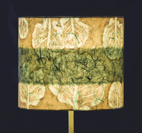 Brussels Sprout teal on pool blu (chine colle) Belfast Bay Shade Company: Handcrafted Lampshades Botanical Collagraph hand-printed on archival paper and fused to styrene on steel shade rings