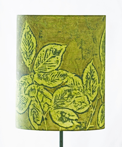 Beech emerald on lime (graphic relief) Belfast Bay Shade Company: Handcrafted Lampshades Botanical Collagraph hand-printed on archival paper and fused to styrene on steel shade rings