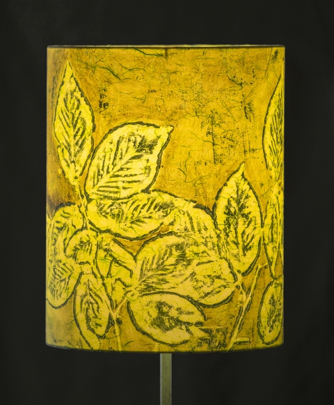 Beech emerald on lime (graphic relief) Belfast Bay Shade Company: Handcrafted Lampshades Botanical Collagraph hand-printed on archival paper and fused to styrene on steel shade rings