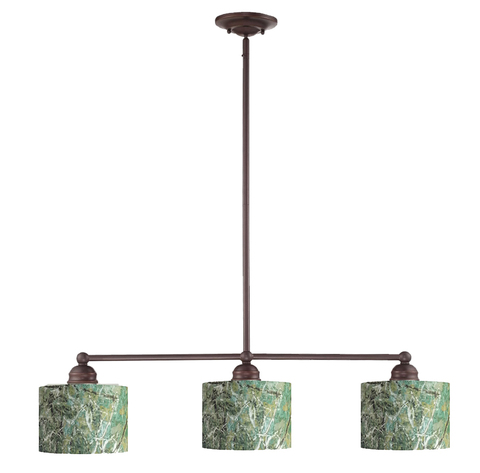 3-light island pendant with 7 x 5 teal Mottled Beech Fixtures: pendants, island lighting, sconces & vanities oil-rubbed bronze finish