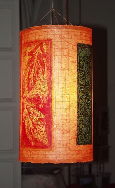 oak leaf on tangerine Luminaires collagraphs on kozo wrapping steel armature